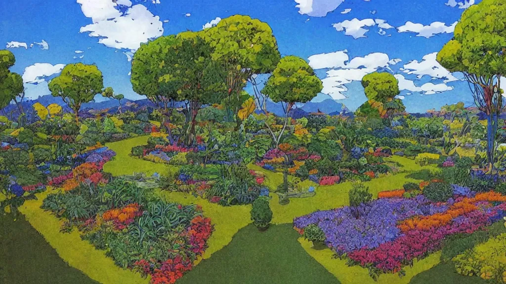 Image similar to an artificial garden with blue skies, landscape, moebius,