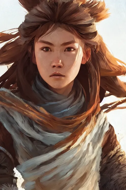 Image similar to aloy from horizon : forbidden west. digital painting by jeremy man and greg rutkowski, closeup portrait. shallow depth of field field.