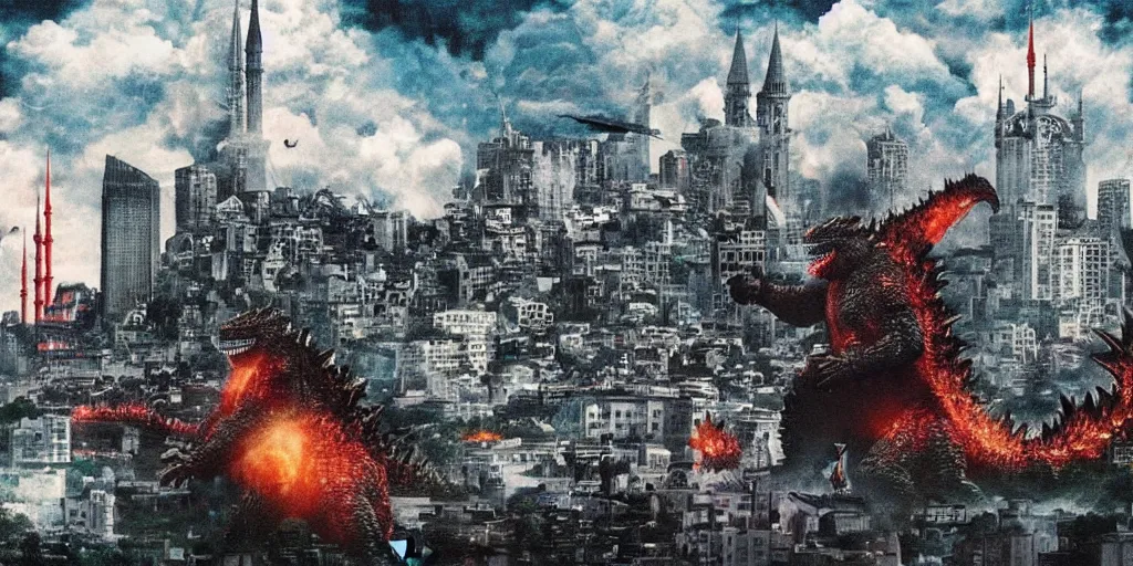 Image similar to godzilla is attacking istanbul, studio ghibli, dark sky, anime background