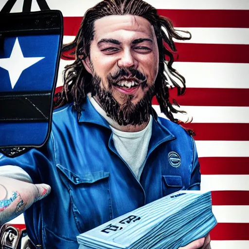 Image similar to a closeup photorealistic illustration of post malone delivering mail as american mail carrier with blue bag. fine detail. this 4 k hd image is trending on artstation, featured on behance, well - rendered, extra crisp, features intricate detail, epic composition and the style of unreal engine.