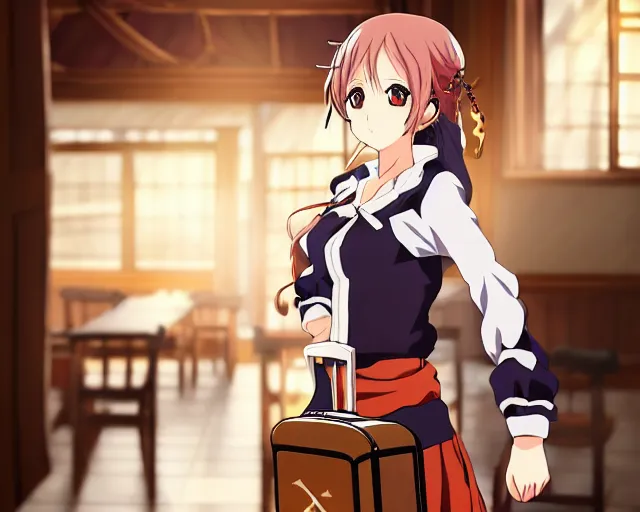 Prompt: key anime visual portrait of a young female with luggage in a tavern interior, dynamic pose, dynamic perspective, cinematic, dramatic lighting, muted colors, fine detail, textured, finely detailed eyes, anime proportions