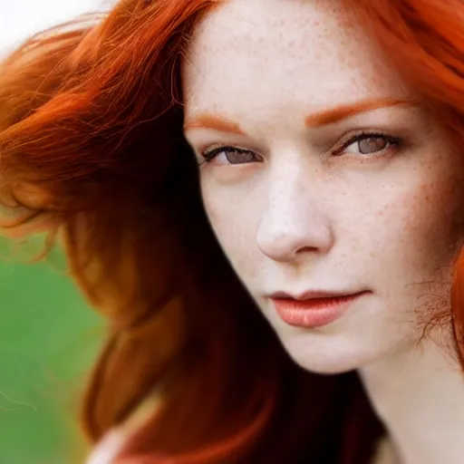 Image similar to close up photo of the left side of the face of a redhead woman who looks directly at the camera. Slightly open mouth. Whole head visible and covers half of the frame, with a park visible in the background. 135mm nikon. Intricate. Very detailed 8k. Sharp. Cinematic post-processing.