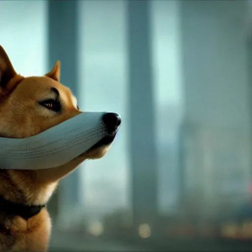 Image similar to A man in post-apocalyptic clothes wearing a latex mask of a Shiba Inu as Robert Neville in I Am Legend (2007), film grain, dof, chromatic aberration