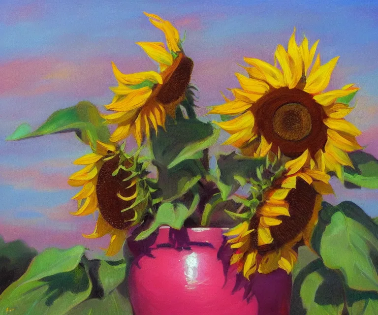 Prompt: sunflowers, william henrits, hovik zohraybyan, oil painting, bright colors, pink skies, sunrise, soft tones