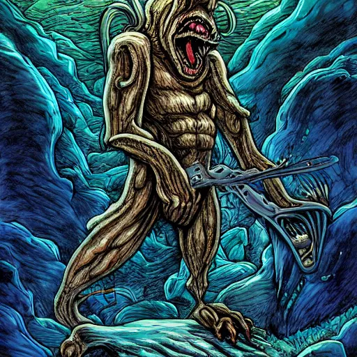 Prompt: precisely drawn illustration of sinister beast monster in alien landscape, guitar,wide angle, sharp, fine details, French comic style, vibrant realistic colors, full color, heroic fantasy, intense line art, 8k, precise linework, realistic, in the style of Richard Corben and Moebius