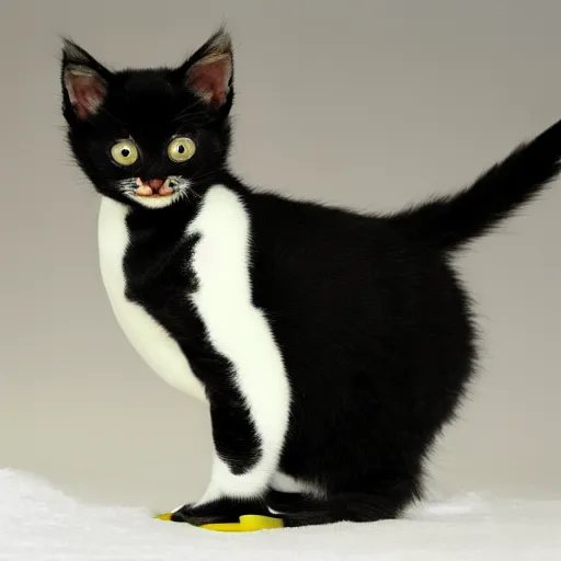 Image similar to a kitten with the body of a penguin but the head of a kitten.