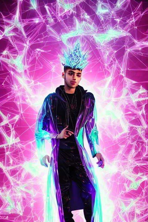 Prompt: full-body baroque and cyberpunk low-poly crystalline sculpture of attractive muscular iridescent Zayn Malik as a humanoid deity wearing a thin see-through plastic hooded cloak sim roupa, posing like a superhero, glowing pink face, crown of white lasers, large diamonds, swirling black silk fabric. futuristic elements. oozing glowing liquid, full-length view. space robots. human skulls. throne made of bones, intricate artwork by caravaggio. Trending on artstation, octane render, cinematic lighting from the right, hyper realism, octane render, 8k, depth of field, 3D