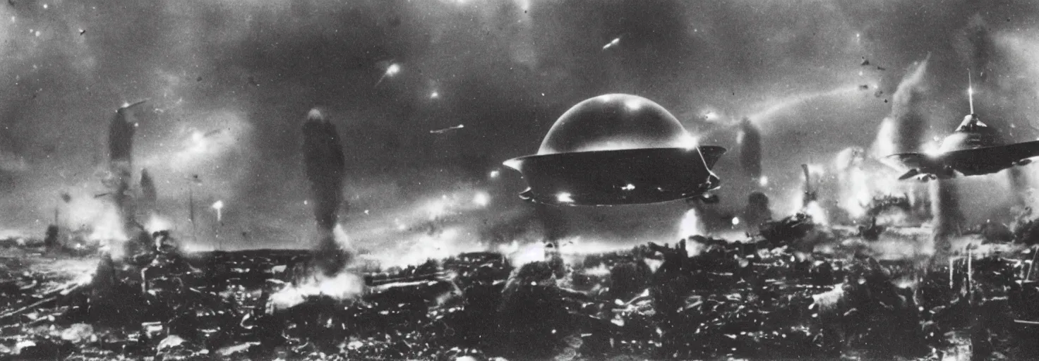 Image similar to Invasion of an alien life form in Germany, black and white photography, World War II, destruction, ufo, flying saucers, laser weapons, outerspace, technology