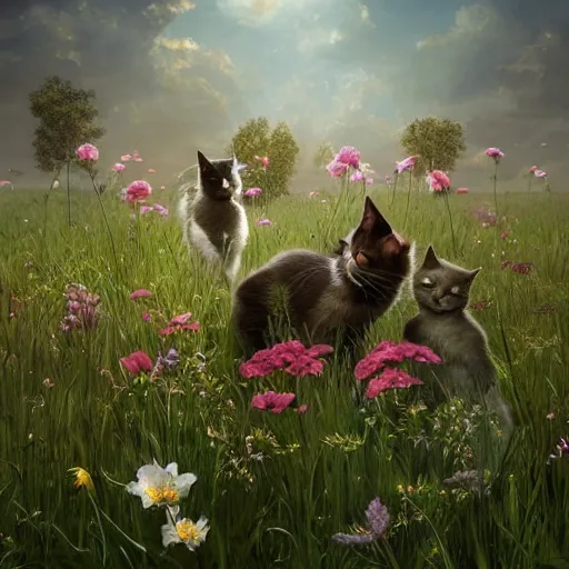 Prompt: 4 beautiful cats on a green meadow with flowers, ultra realistic, concept art, intricate details, eerie, highly detailed, photorealistic, octane render, 8 k, unreal engine. art by artgerm and greg rutkowski and alphonse mucha.