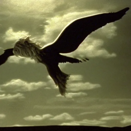 Image similar to movie still of pegasus flying, cinematic composition, cinematic light, criterion collection, by david lynch