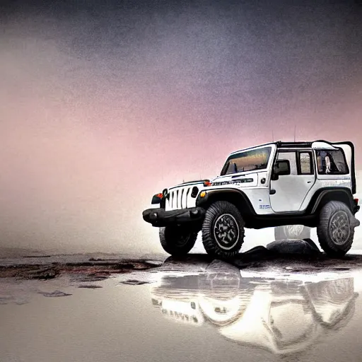 Image similar to digital art of a 1997 hardtop white Jeep Wrangler drowning in quicksand, beautiful iridescent fog swallows the dirty swamp, gritty, Venom liquid grabs at the Jeep, cinematic, extraordinary colorful landscape, photorealistic, soft vintage glow