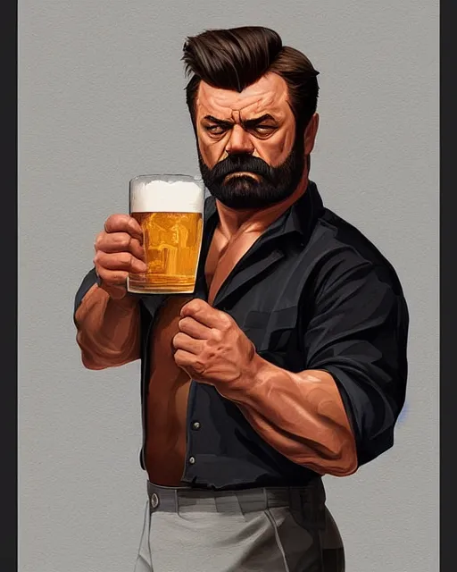 Prompt: gigachad ron swanson bodybuilder holding a pint of beer in final fight kitchen by ilya kuvshinov, ernest khalimov body by krista sudmalis, fantasy character portrait, ultra realistic, concept art, intricate details, elegent, digital painting, smooth, sharp focus, illustration, art by artgerm and greg rutkowski and alphonse mucha, artstation