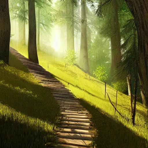 Image similar to a path, leading downhill into a forest, daytime, sunny, artstation