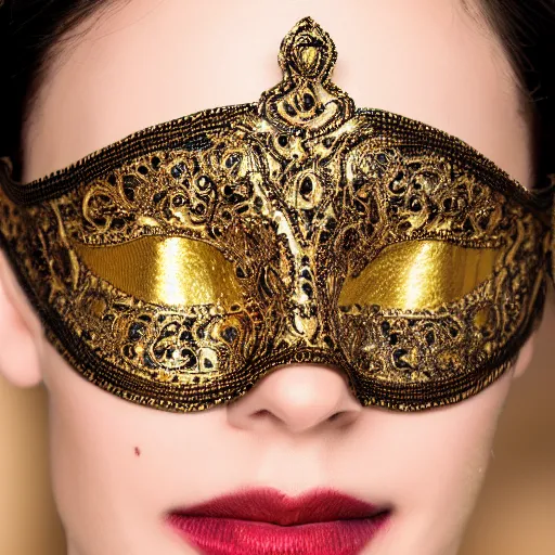 Prompt: a venecian gold mask, intricate details, close up photo, ultra realistic, studio photo, bokeh.