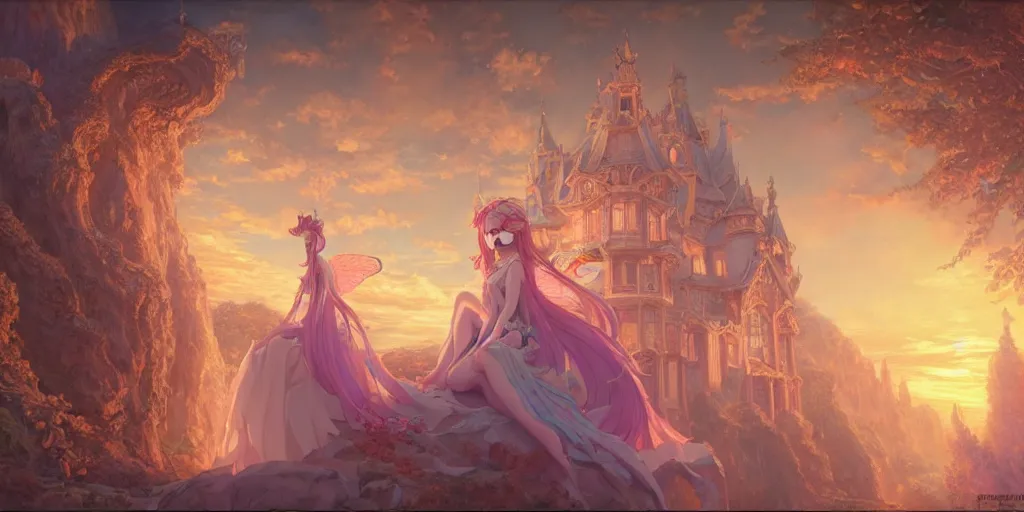 Prompt: hyperrealistic painting of fairy of love and her palace, in the style of Krenz Cushart, Moebius, and Muchain, Prismatic, Rococo, highly detailed, masterpiece, award-winning, sharp focus, intricate concept art, warm lighting, 8k, artstation