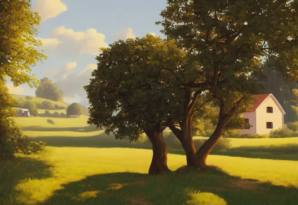 Image similar to a landscape painting of an old farm house in the countryside, summer, painting by kenton nelson, early morning light, puffy couds