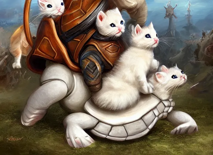 Image similar to white kittens riding giant turtles, battalion, digital oil painting, trending on artstation