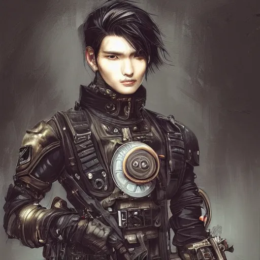 Prompt: portrait of a man by ayami kojima, black, he is about 2 0 years old, short black hair, annoyed older brother vibes, he is wearing a steampunk tactical gear, highly detailed portrait, digital painting, artstation, concept art, smooth, sharp foccus ilustration, artstation hq