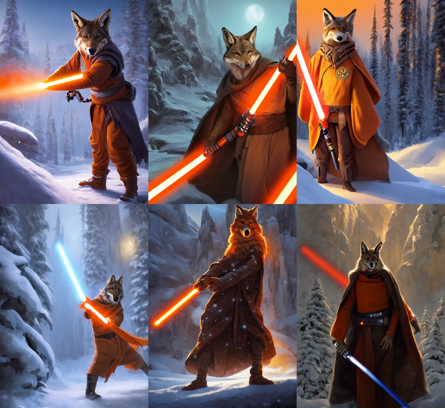 Prompt: portrait, anthropomorphic coyote wearing Jedi robes wielding an orange lightsaber in a snow mountain town. Dramatic lighting, cinematic, establishing shot, extremely high detail, photo realistic, post processed, artstation, matte painting, style by eddie mendoza, raphael lacoste, alex ross