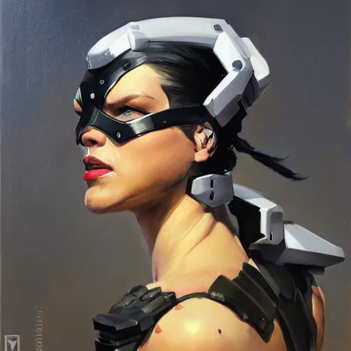 Image similar to greg manchess portrait painting of armored neena thurman aka domino as overwatch character, medium shot, asymmetrical, profile picture, organic painting, sunny day, matte painting, bold shapes, hard edges, street art, trending on artstation, by huang guangjian and gil elvgren and sachin teng