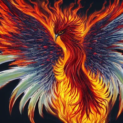 Prompt: hyperdetailed image of a phoenix with its full body flaming and wings spread 8 k extremely detailed hd hyperrealism fiery extremely accurate unbelievably creepy