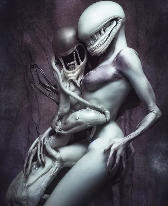 Image similar to xenomorph hugging pale sad beauty merging, dark mist colors, giger background liminal void, digital art, cinematic lighting, realistic, award winning photograph, various refining methods, micro macro autofocus