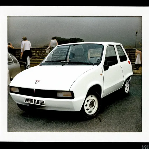 Image similar to a fiat uno in front of thousands of tesla vintage scratched white borders polaroid photo. many tesla electric cars in the background