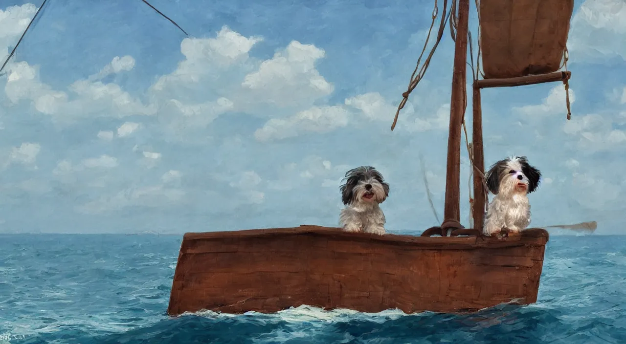 Image similar to havanese dog sailing on top of a wooden boat from 1 9 0 0, looking out to the see, leaving the port at havana, 1 9 0 0, tartakovsky, atey ghailan, goro fujita, studio ghibli, rim light, mid morning lighting, clear focus, very coherent