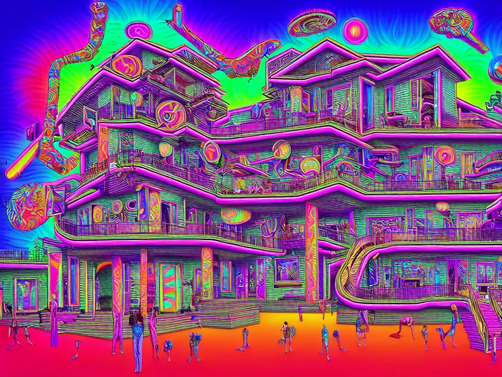 Prompt: house party, epic angle, happy, psychedelic, hip hop, surreal, neon, vaporwave, detailed, illustrated by Alex Grey, 4k