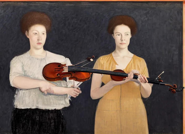 Prompt: portrait of two young nervous violin players getting ready to perform, half figure front, vincent lefevre and pat steir and hilma af klint and james jean, psychological, photorealistic, symmetrical faces, intriguing eyes, rendered in octane, altermodern, masterpiece