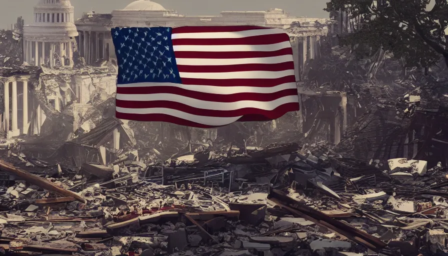 Prompt: american flag hanging on the remains of a building in destroyed washington dc, hyperdetailed, artstation, cgsociety, 8 k