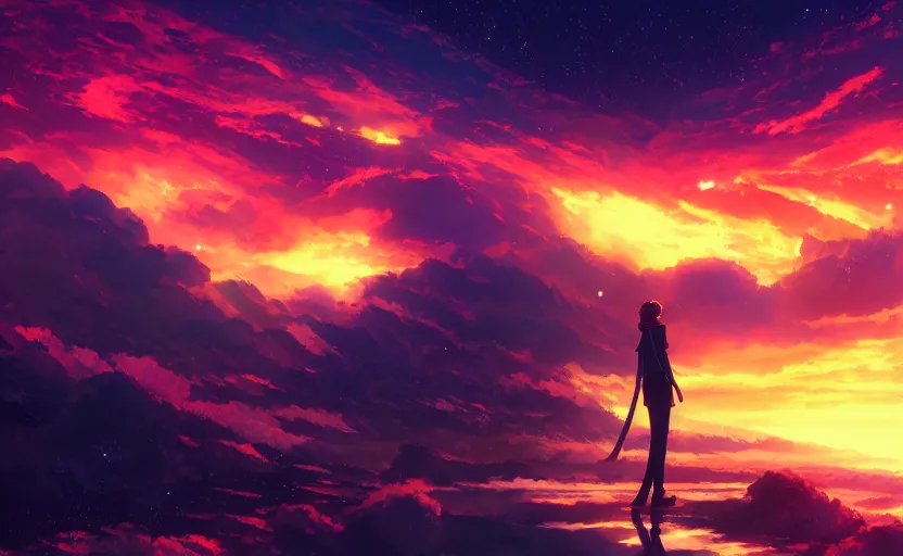 Image similar to anime scene background, no characters, anime painting, 3d render, hyper realistic, dramatic lighting, the sky is a nebula on fire, 8k hdr pixiv dslr photo by Makoto Shinkai ilya kuvshinov and Wojtek Fus, digital art, concept art,