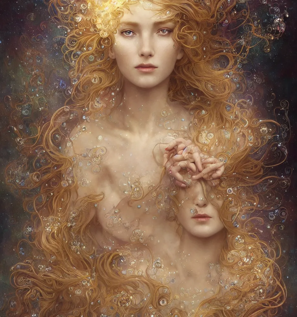 Image similar to Beautiful Delicate Detailed portrait of sun summer woman, With Magical golden eyes by Tom Bagshaw, Bastien Lecouffe Deharme, Erik Johansson, Amanda Sage, Alex Grey, Alphonse Mucha, Harry Clarke, Josephine Wall and Pino Daeni, Delicate winter frozen creature With long golden Hair and Magical Sparkling Eyes, Magic Particles; Magic Swirls, in a out of this world magical summer landscape, 4K; 64 megapixels; 8K resolution concept art; detailed painting; digital illustration; hyperrealism; trending on Artstation; Unreal Engine Photorealistic, lifelike, Unreal Engine, sharp, sharpness, detailed, 8K