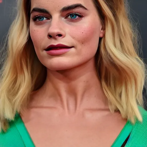 Image similar to a woman who is a genetic combination of margot robbie and emma watson face and upper - body focus