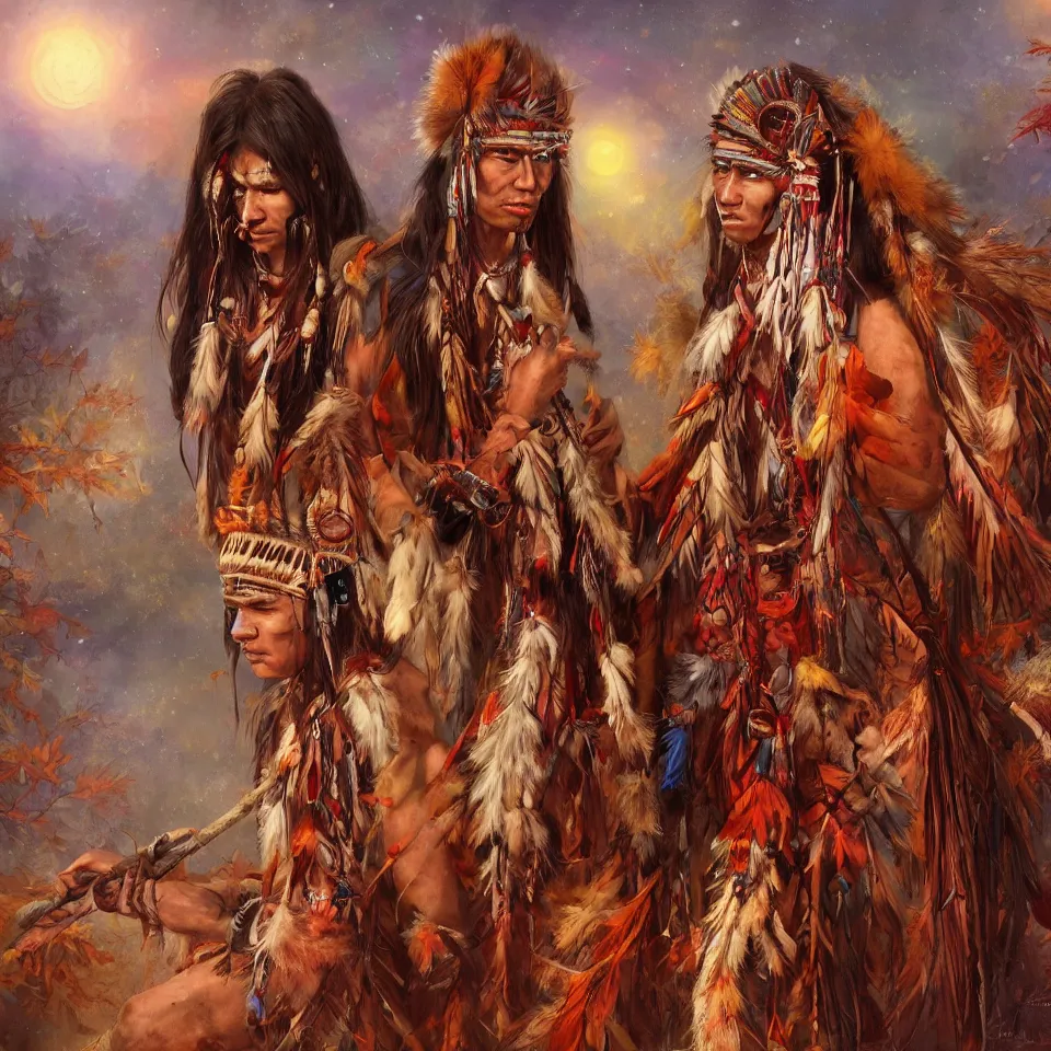 Image similar to native American shamans , beautiful autumn spirit, digital art, concept art, fantasy art, highly detailed, HD wallpaper, artstation, Deviantart, abeyance