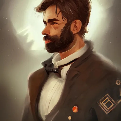 Prompt: portrait of a Germanic man with a beard and pilot’s suit, D&D, sci-fi, elegant, hopeful, muscular, highly detailed, digital painting, artstation, concept art, smooth, sharp focus, illustration