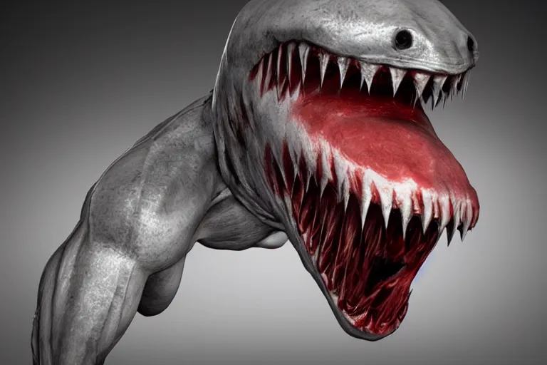 Prompt: half human half shark made of muscles and flesh, very angry, teeth, ambient light, terror, glows, realistic, photo - realism, hyper realism, picture, detailed, 3 d render, scary, distant shot, in the distance,