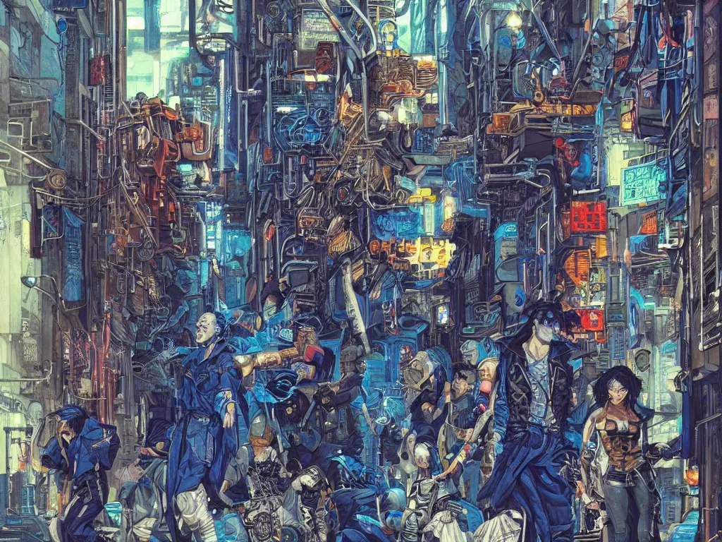 Prompt: a cyberpunk gang in the alleyway between art deco buildings, graffiti, fine detail, intricate, polished, blue color scheme, digital art, illustration, by john smith and noriyoshi ohrai and george luks