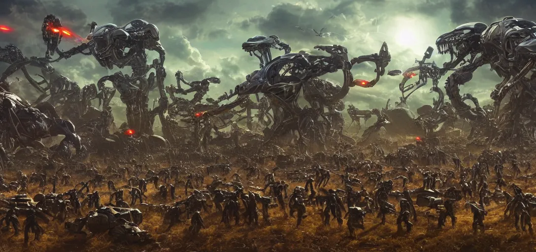 Image similar to epic army of chrome robots battle creatures on alien planet, landscape, alex ross, neal adams, david finch, war, concept art, matte painting, highly detailed, rule of thirds, dynamic lighting, cinematic, detailed, denoised, centerd