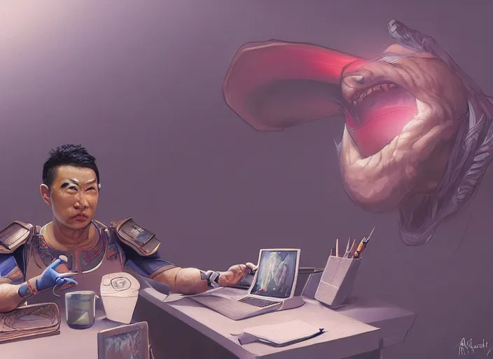 Image similar to an insanely detailed painting of an asian man wearing a homemade superhero costume, realistic face, sitting at a desk, staring seriously at the computer and typing, in the style of peter mohrbacher, james jean, artgerm, dramatic lighting and composition, surreal background, octane render, pixar, trending on artstation, concept art, comic book, 8 k