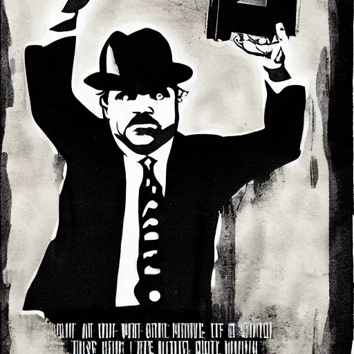 Image similar to a movie poster for a movie about al capone who is played by peter dinklage, based in chicago, gangster, painting, prohibition era, yugioh, photograph, pencil, sketch, text, signature, watermark