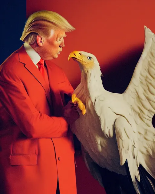 Image similar to Medium Shot Donald Trumps wearing orange pajamas kissing an american eagle, octane, dramatic lighting, editorial photo, 35mm, very detailed