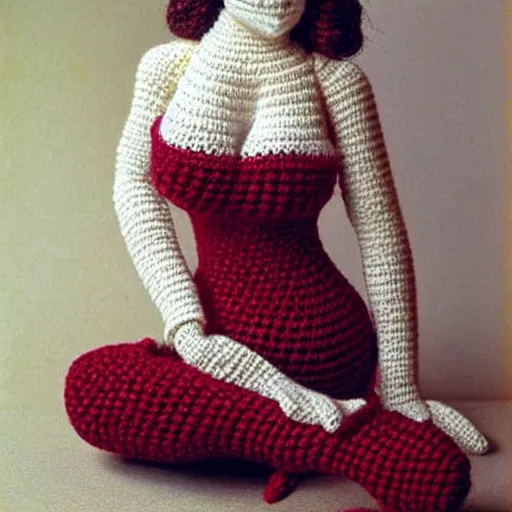 Prompt: Pretty Woman with crocheting figure