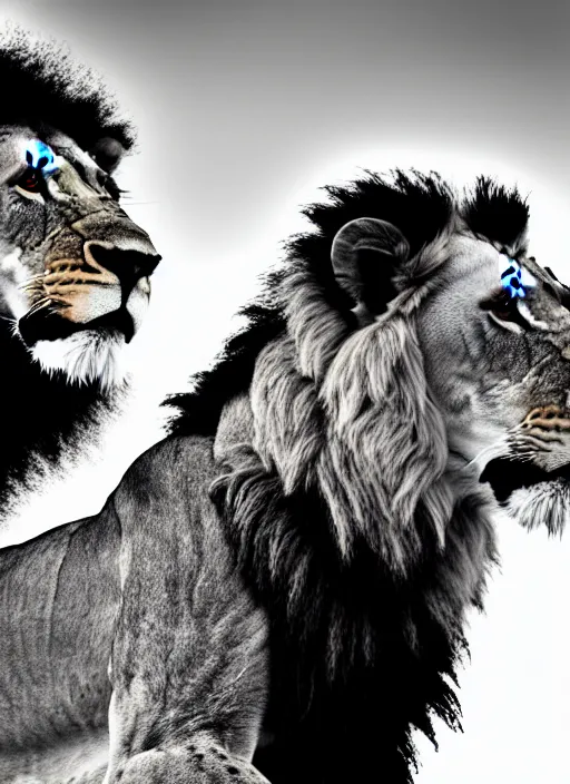 Image similar to lion and lioness black and white portrait white sky in background