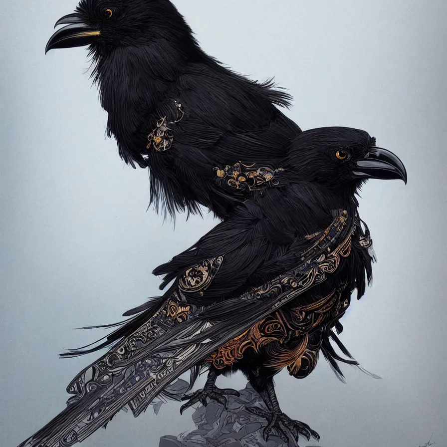 Image similar to beautiful black raven bird with ornate armor, cute, intricate, highly detailed, digital painting, trending on artstation, concept art, smooth, sharp focus, backlit, rim light, vivid colors, illustration, unreal engine 5, 8 k, art by rossdraws and alphonse mucha