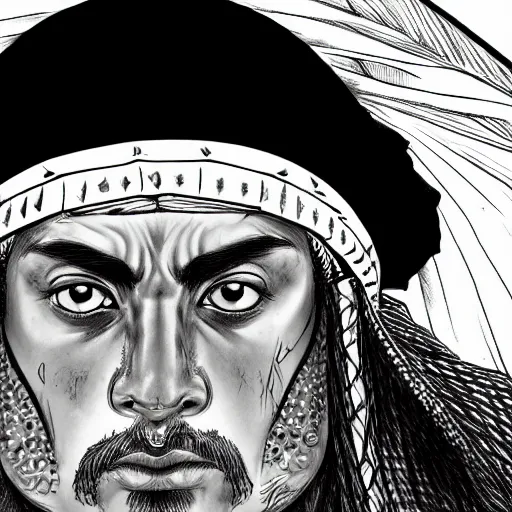 Image similar to a close up portrait of a sultan, focused gaze, art station, highly detailed, concept art, sharp focus, illustration in pen and ink, 4 k wide angle, by kentaro miura