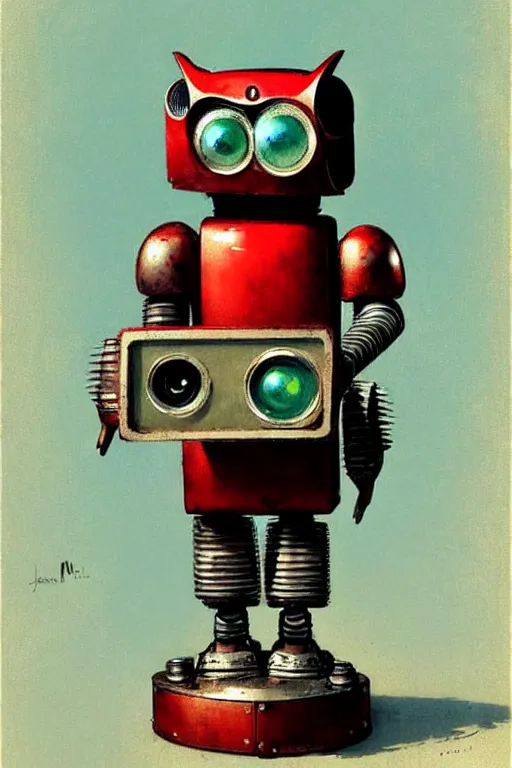 Image similar to adventurer ( ( ( ( ( 1 9 5 0 s retro future robot android wise old owl robot on a stand looking at the camera. muted colors. ) ) ) ) ) by jean baptiste monge!!!!!!!!!!!!!!!!!!!!!!!!! chrome red