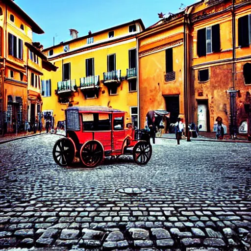 Prompt: a 1 9 th century car part in the middle of a street in rome all the people there as surprised and looking at the car great photography digital art