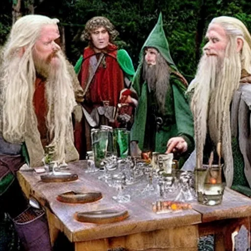 Prompt: lord of the rings elves having a drinking contest