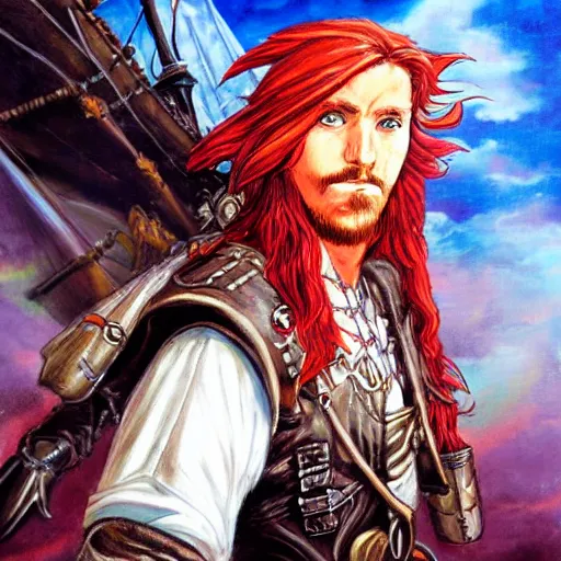 Image similar to an epic fantasy comic book style portrait painting of a long haired, red headed male sky - pirate in front of an airship in the style of yoshitaka amano